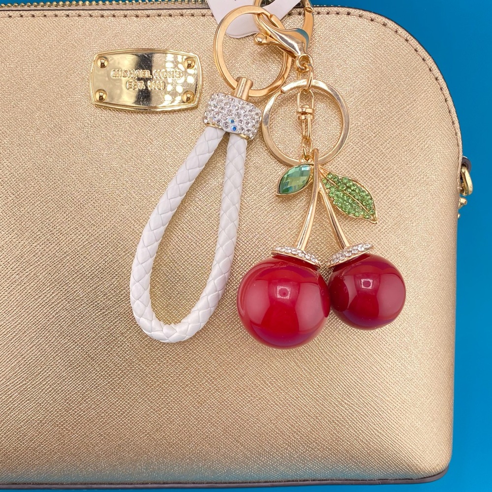 🍒Designer-Inspired Rhinestone Embellished Cherries Keychain/Bag Charm + Key Ring